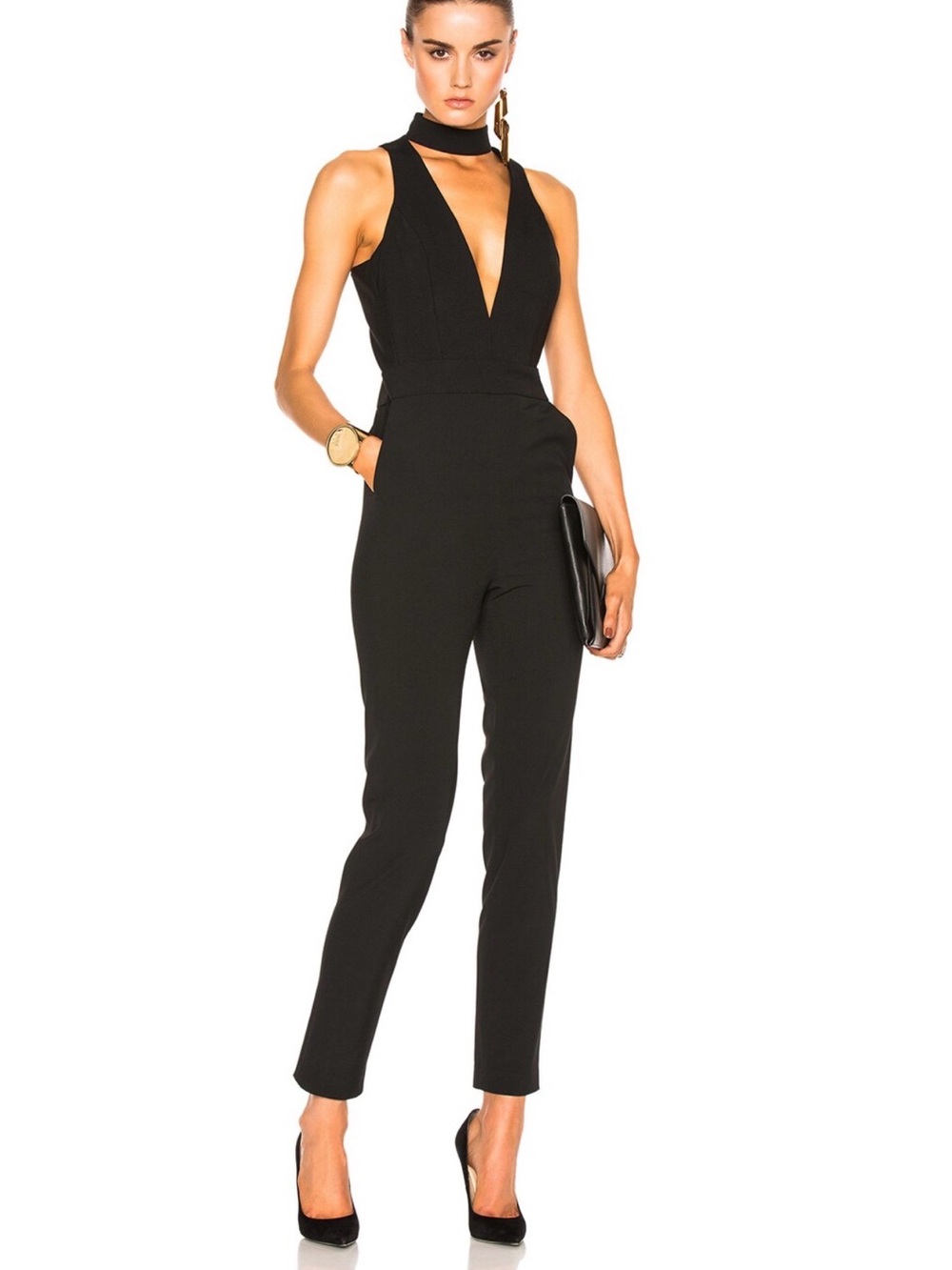 Chic Black Halter V-Neck Jumpsuit with Choker